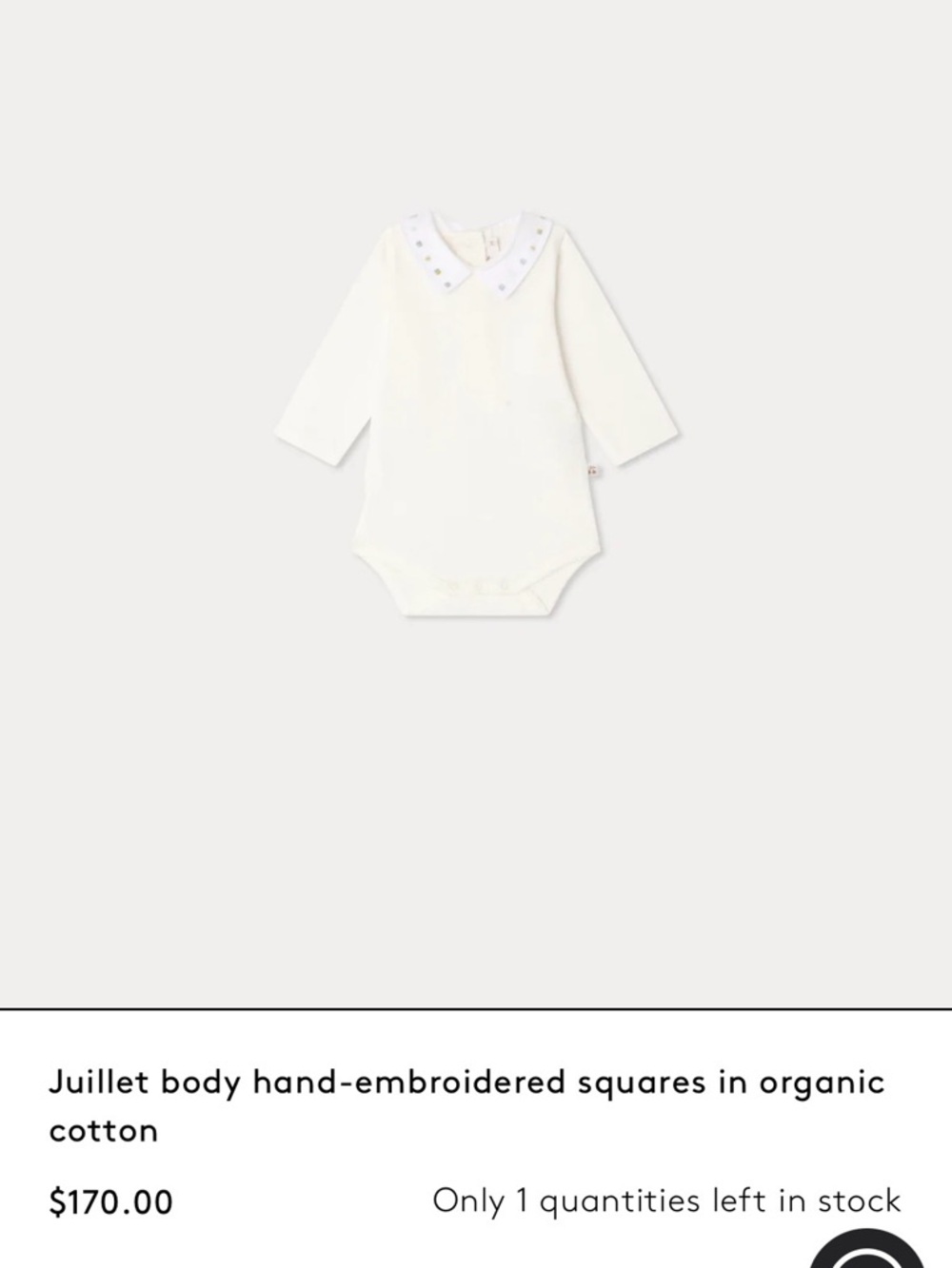 BONPOINT Juillet body hand-embroidered squares in organic cotton Size  6 Months